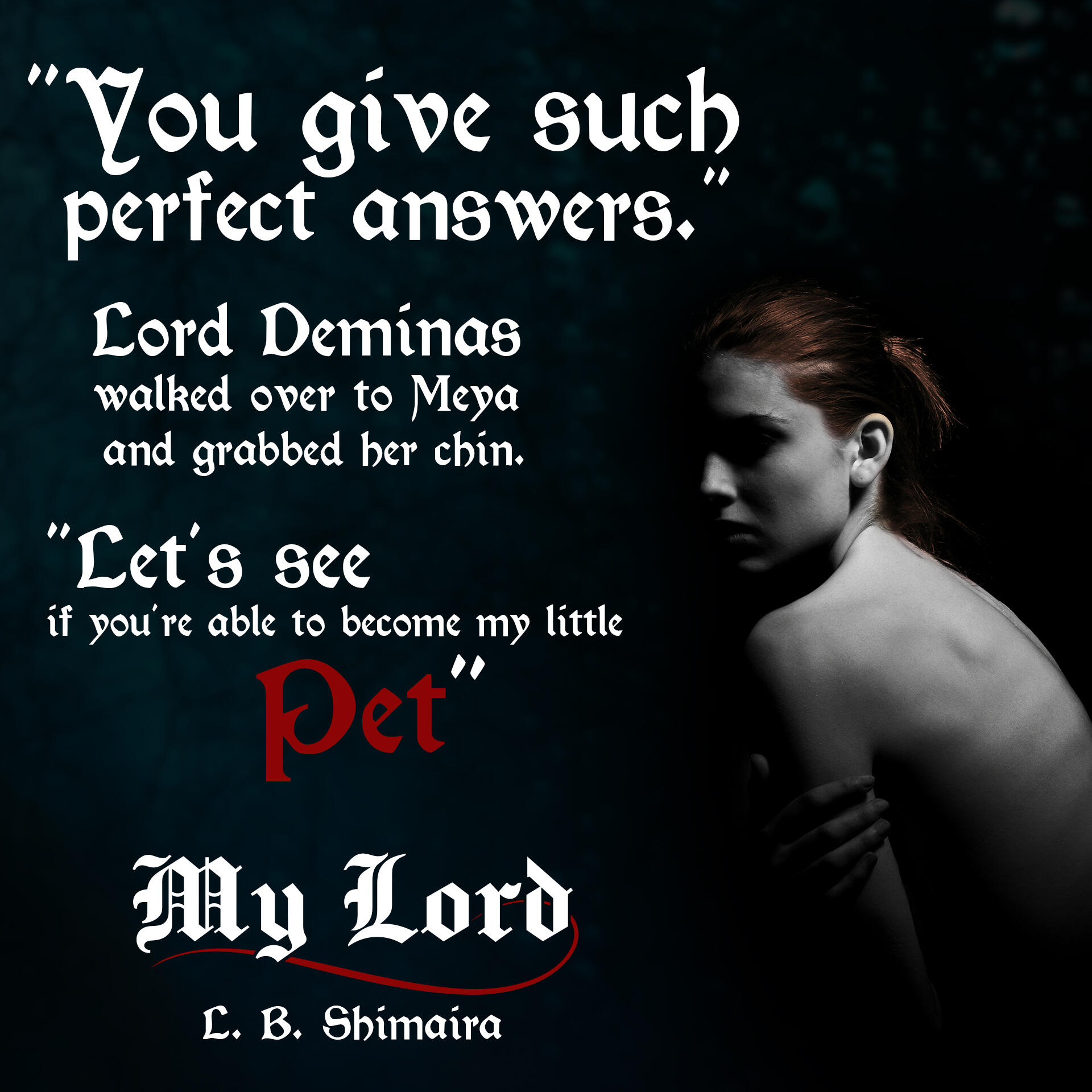 "You give such perfect answers." Lord Deminas walked over to Meya and grabbed her chin. "Let's see if you're able to become my little pet." ~ Quote from My Lord by L.B. Shimaira